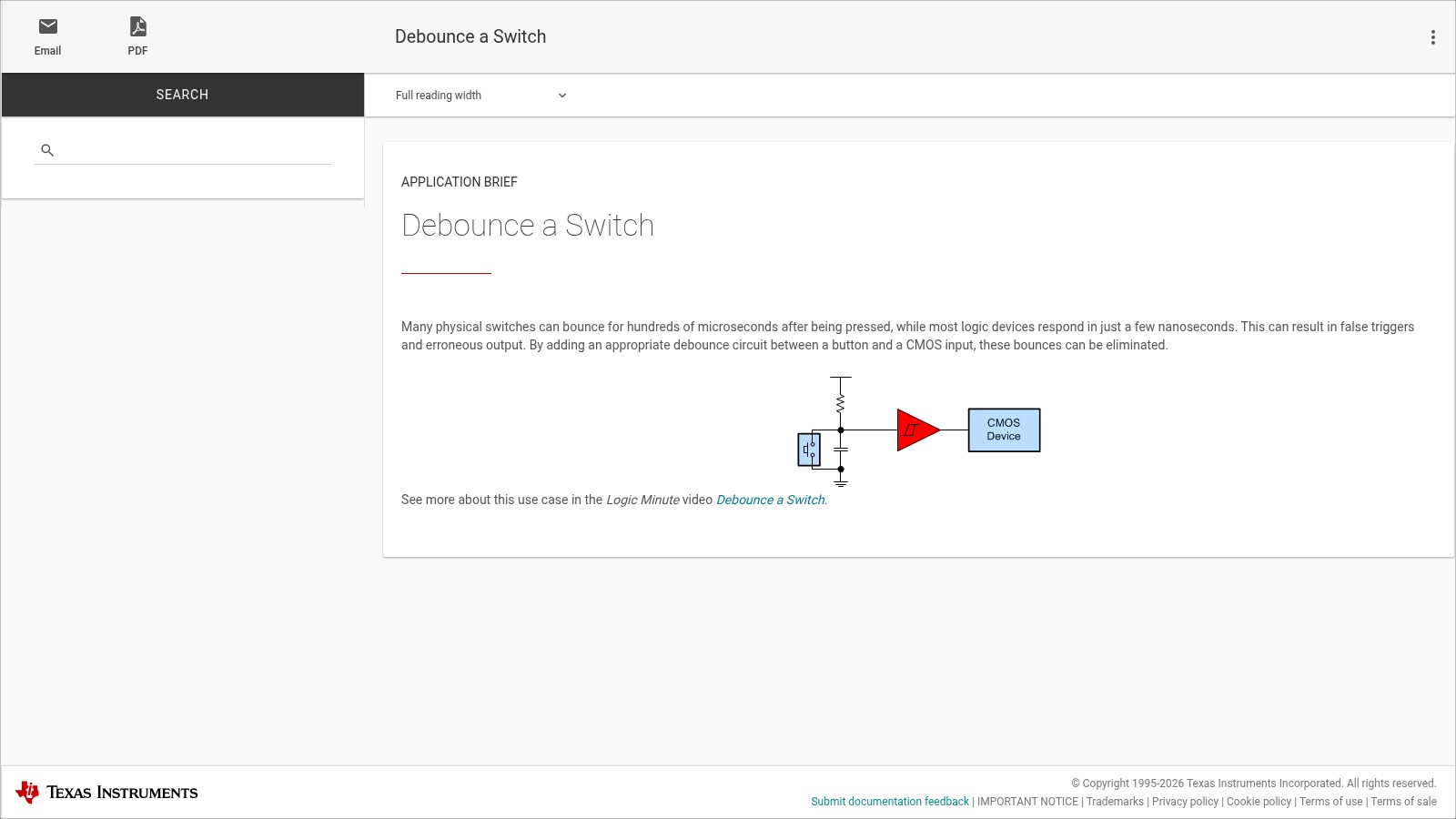 Texas Instruments Debounce a Switch application brief showing a button and CMOS input