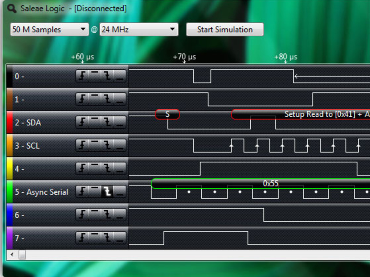 Saleae Logic interface showing digital channels, sample count and 24 MHz rate