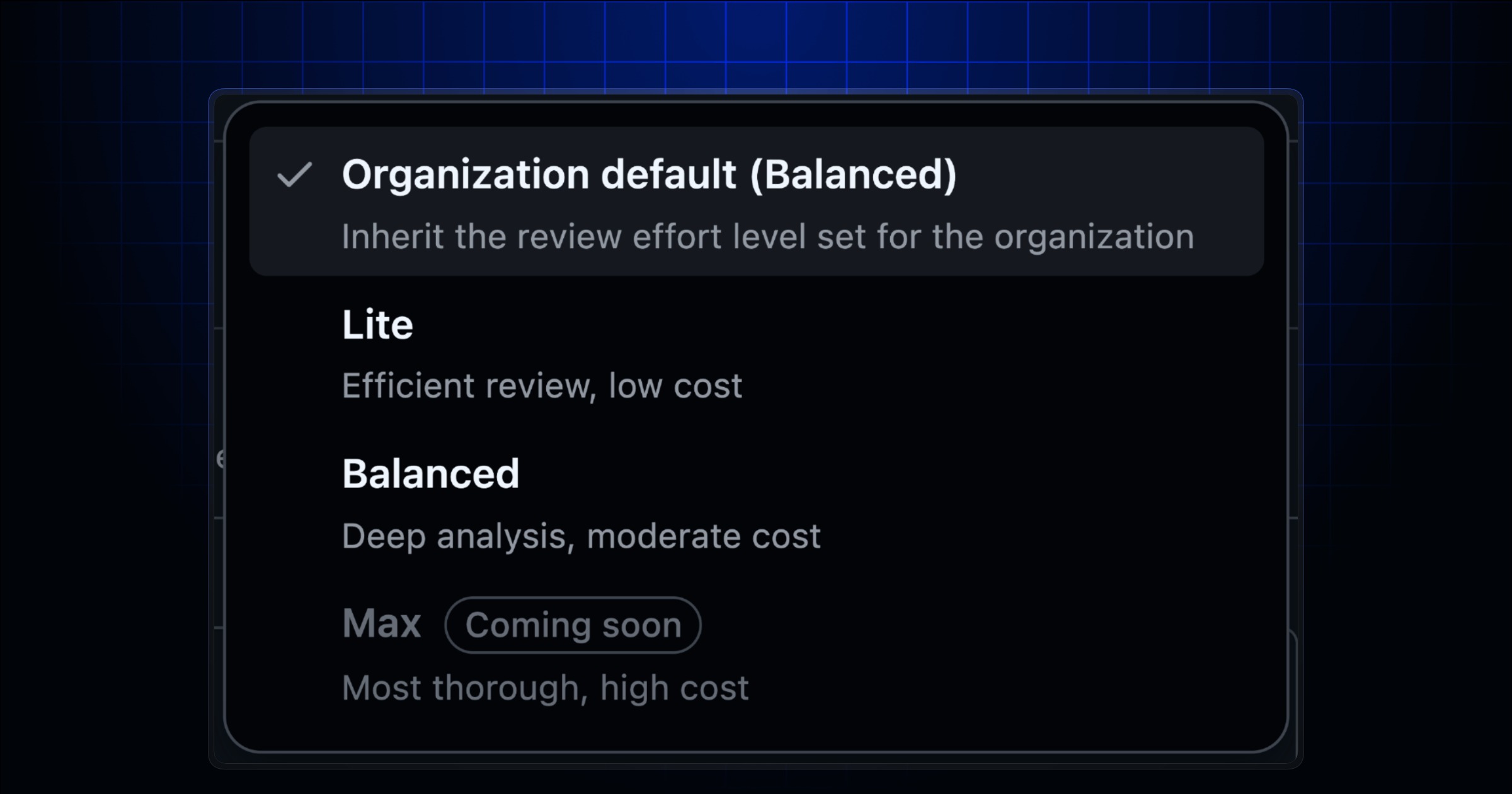 GitHub Copilot review effort menu with Lite and Balanced choices