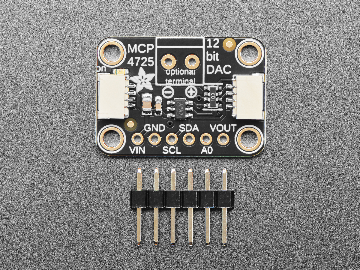 Top view of MCP4725 breakout with header and labeled pins