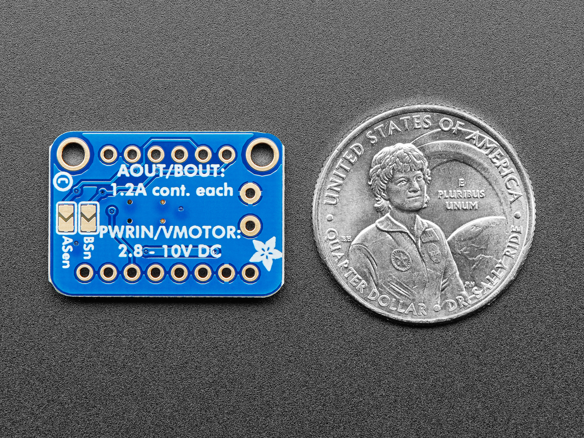 Top view of Adafruit DRV8833 dual motor-driver breakout with motor and power terminals