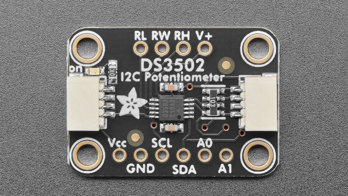 Top view of the Adafruit DS3502 digital potentiometer breakout with RH, RW and RL terminals labeled