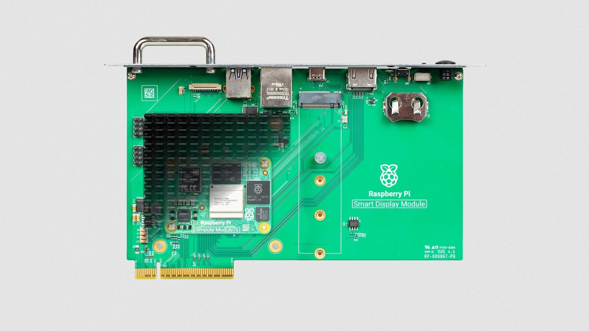 Top view of the Raspberry Pi Smart Display Module showing its heatsink, edge connector and external ports