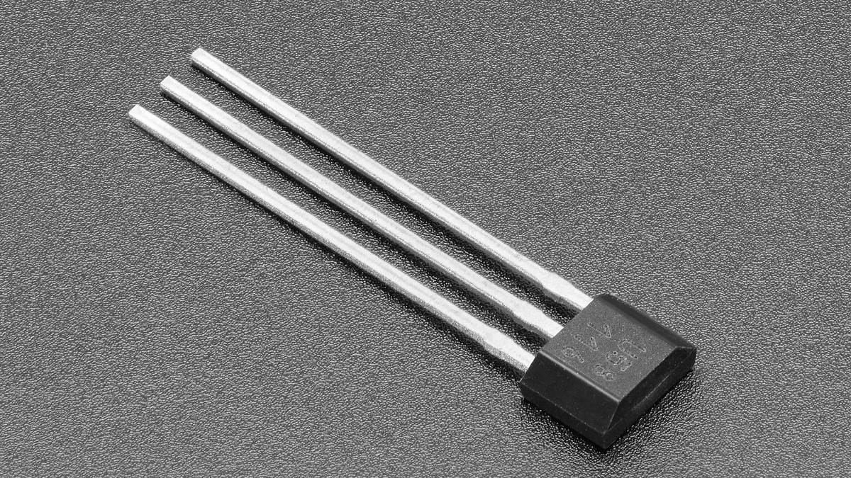 US5881 Hall effect sensor shown from the flat labeled face with three leads