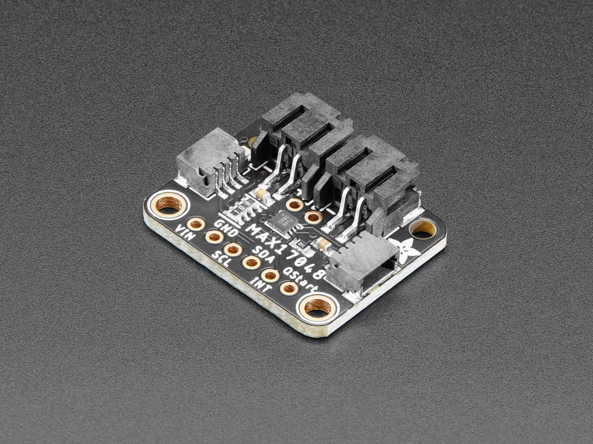 Front view of the Adafruit MAX17048 fuel-gauge breakout with battery and I2C connectors