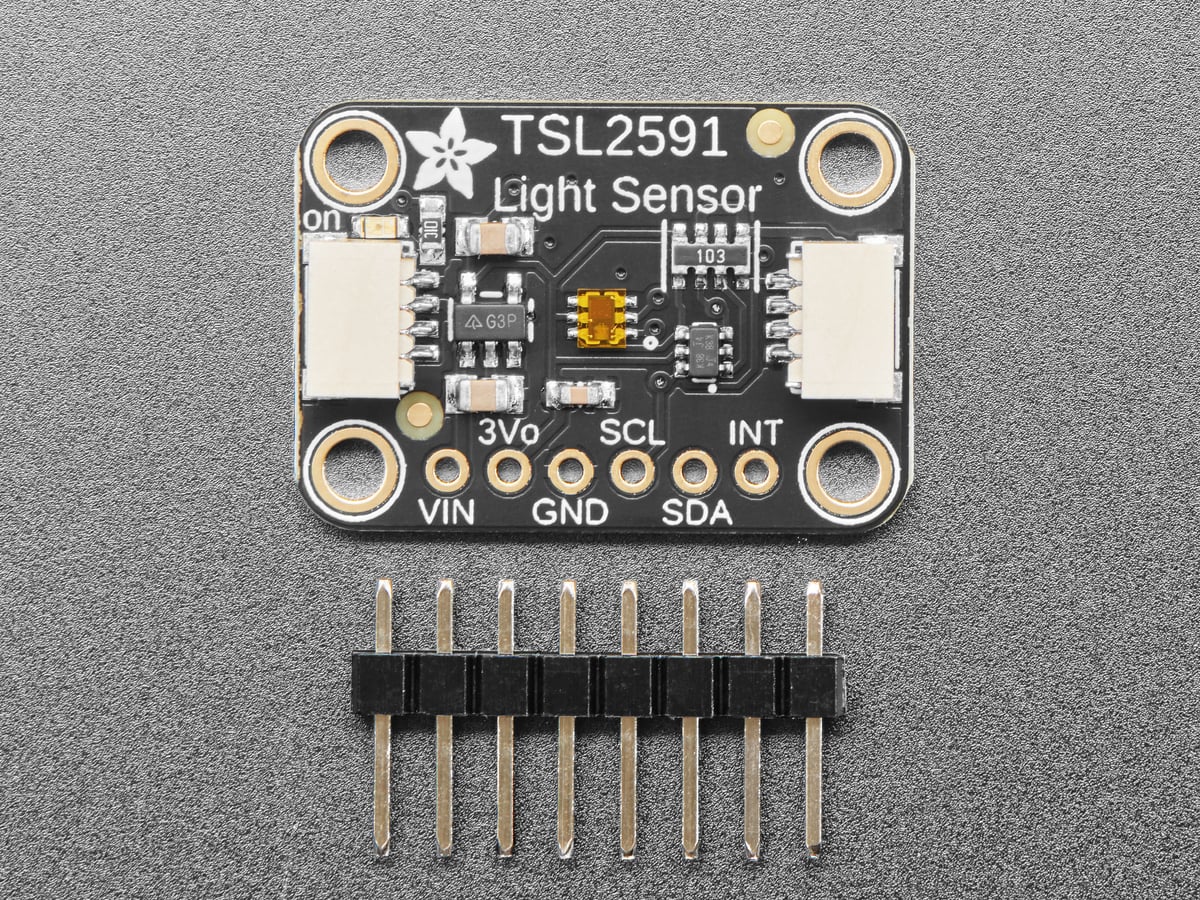 Top view of the Adafruit TSL2591 breakout showing the light sensor and I2C pins