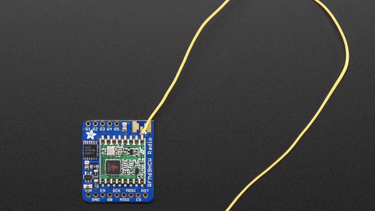 Adafruit RFM69HCW 433 MHz breakout connected to a straight wire antenna