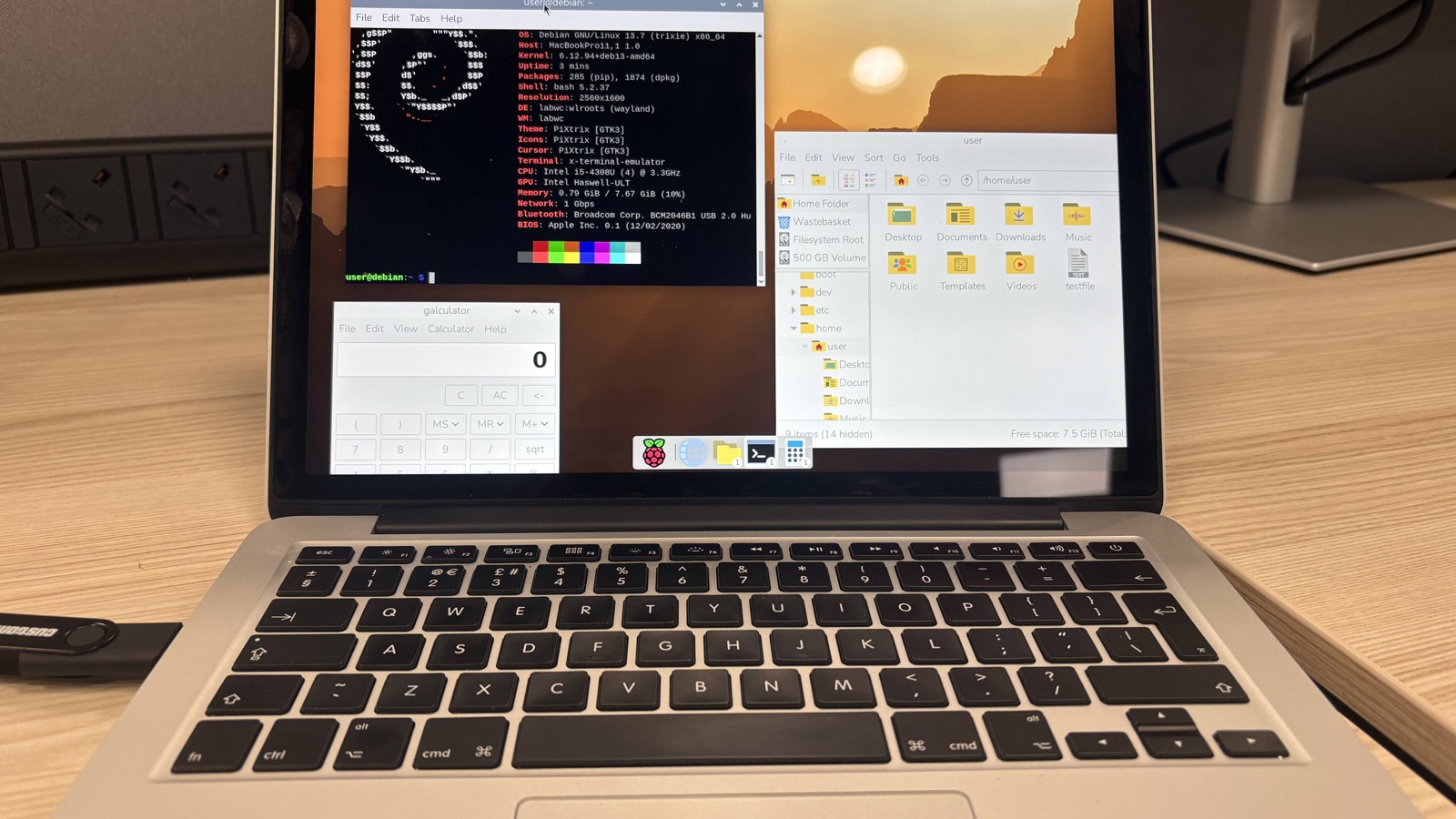 Raspberry Pi Desktop running on a laptop from an official release photo