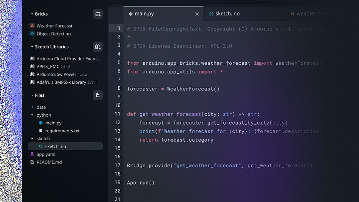 Arduino App Lab interface running a UNO Q example