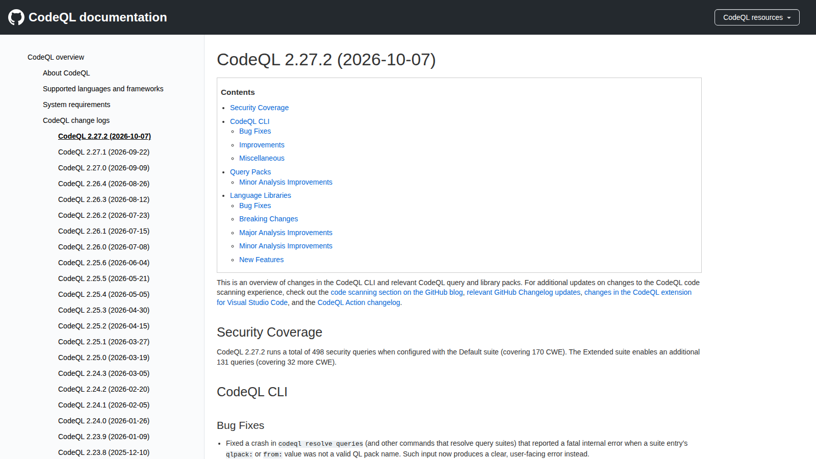 GitHub CodeQL 2.27.2 release page showing macOS compatibility guidance