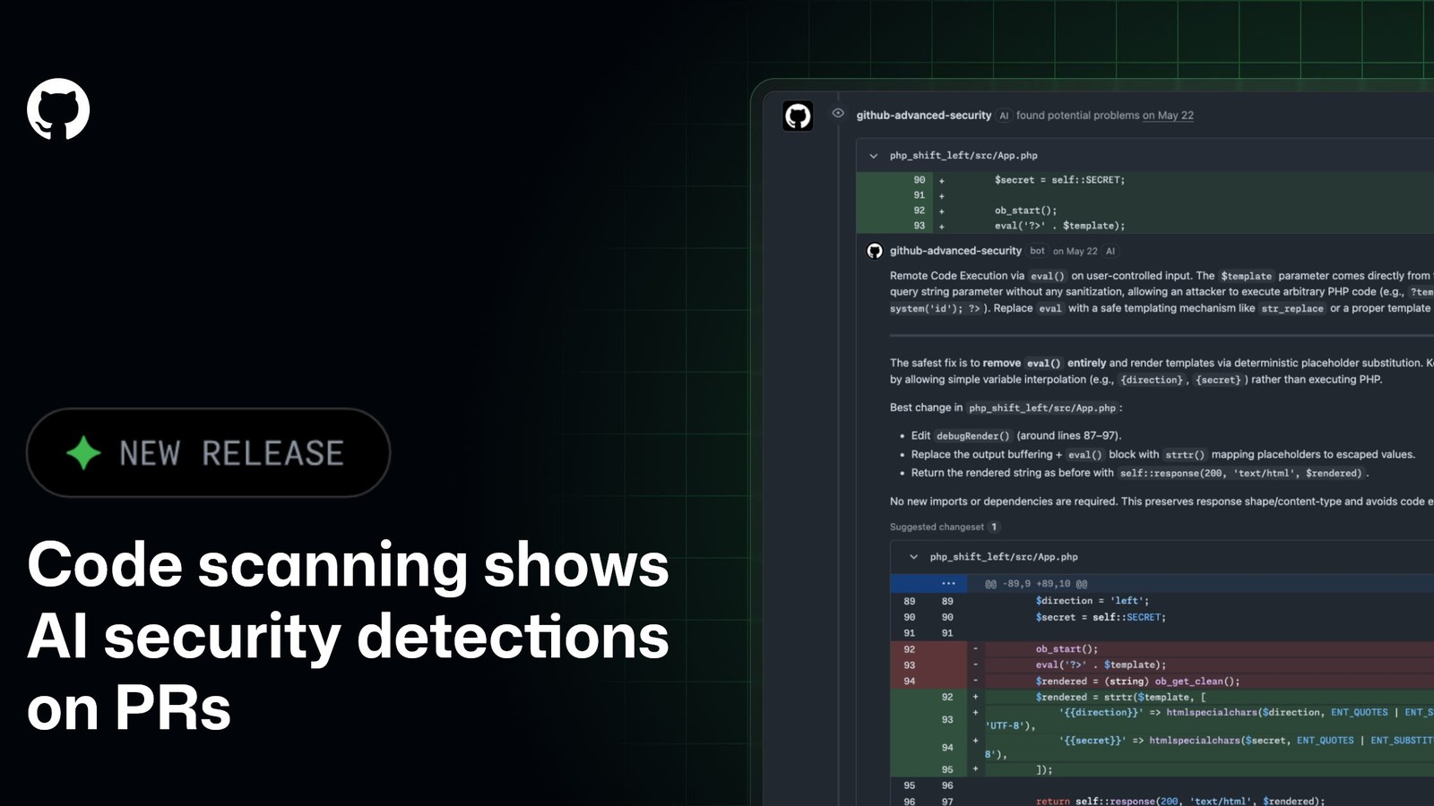 GitHub pull request displaying an AI security finding and suggested remediation