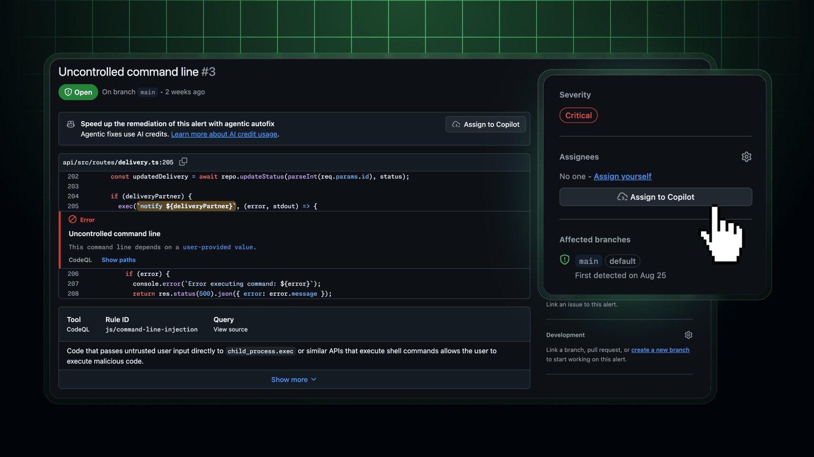 GitHub code scanning alert with the Assign to Copilot control GitHub code scanning alert with the Assign to Copilot control