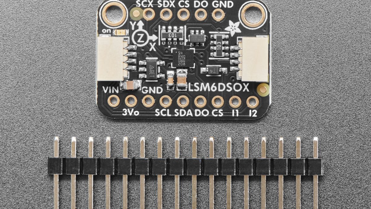 Adafruit LSM6DSOX breakout board with its inertial sensor and interface pins