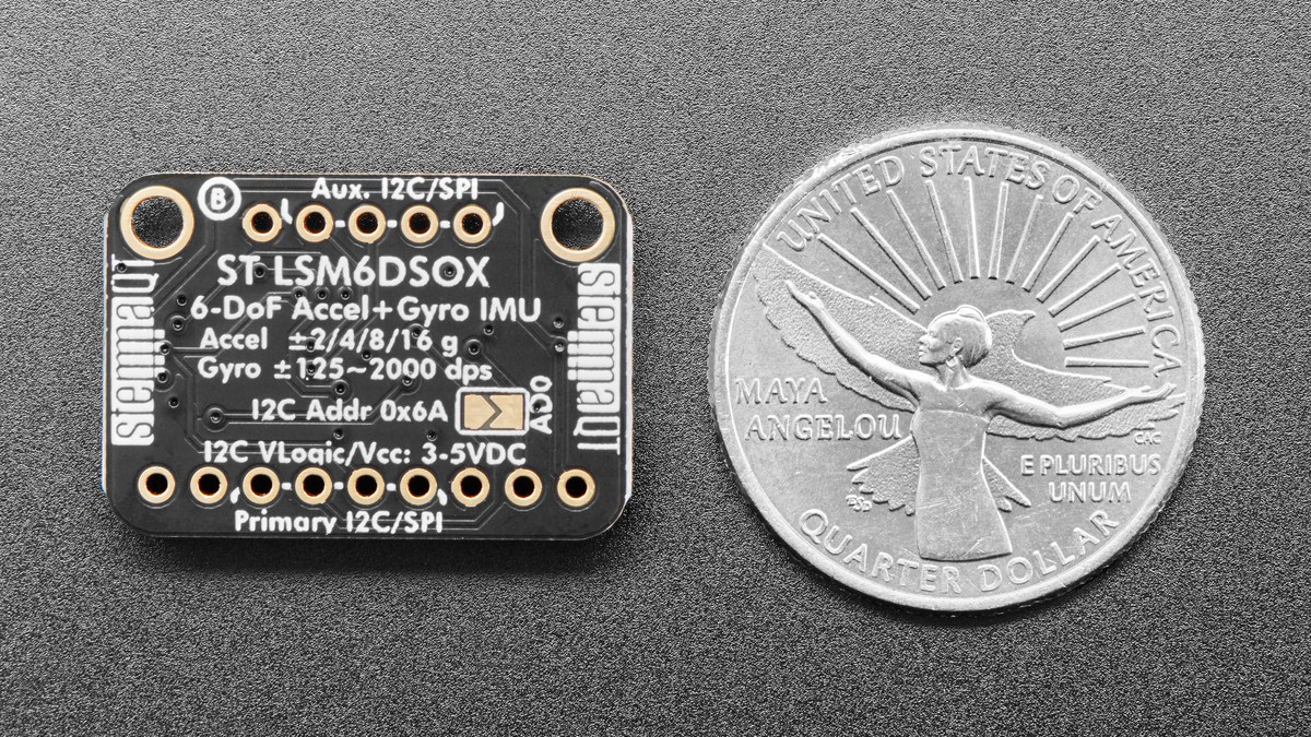 Rear view of the Adafruit LSM6DSOX breakout and its address and interface pads