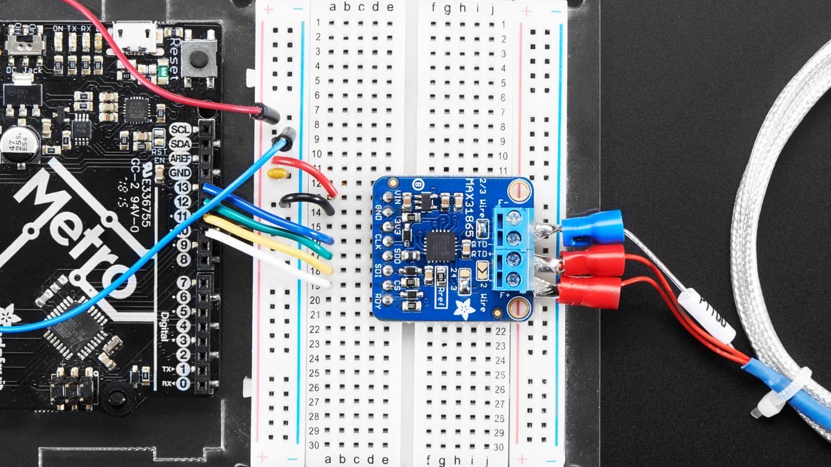 Adafruit MAX31865 breakout showing the RTD terminal block and reference-resistor area