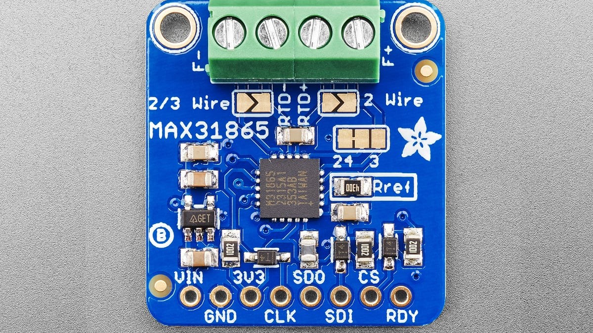 MAX31865 breakout top view with solder jumpers for two three and four wire RTDs