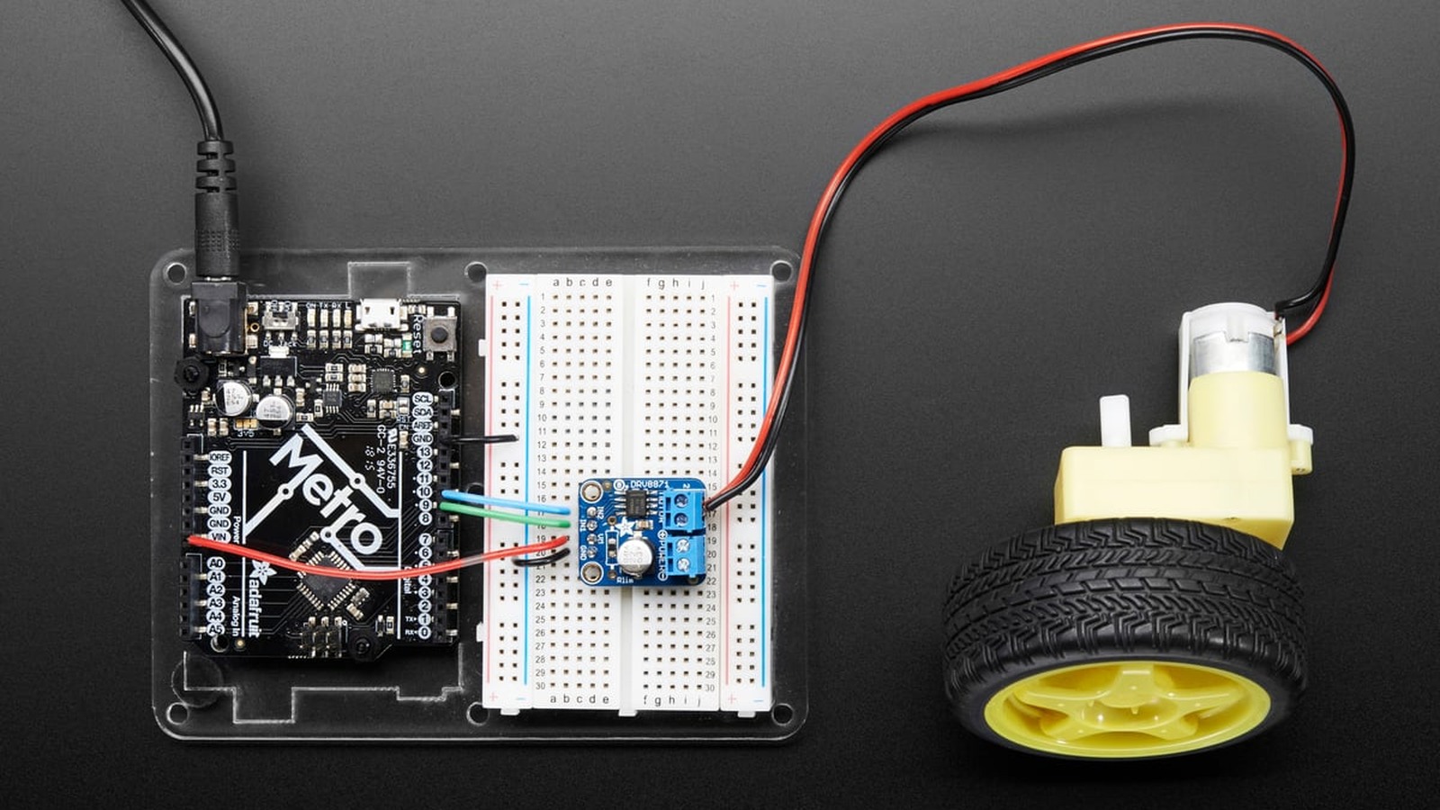 Top view of the Adafruit DRV8871 motor driver breakout and terminal connections